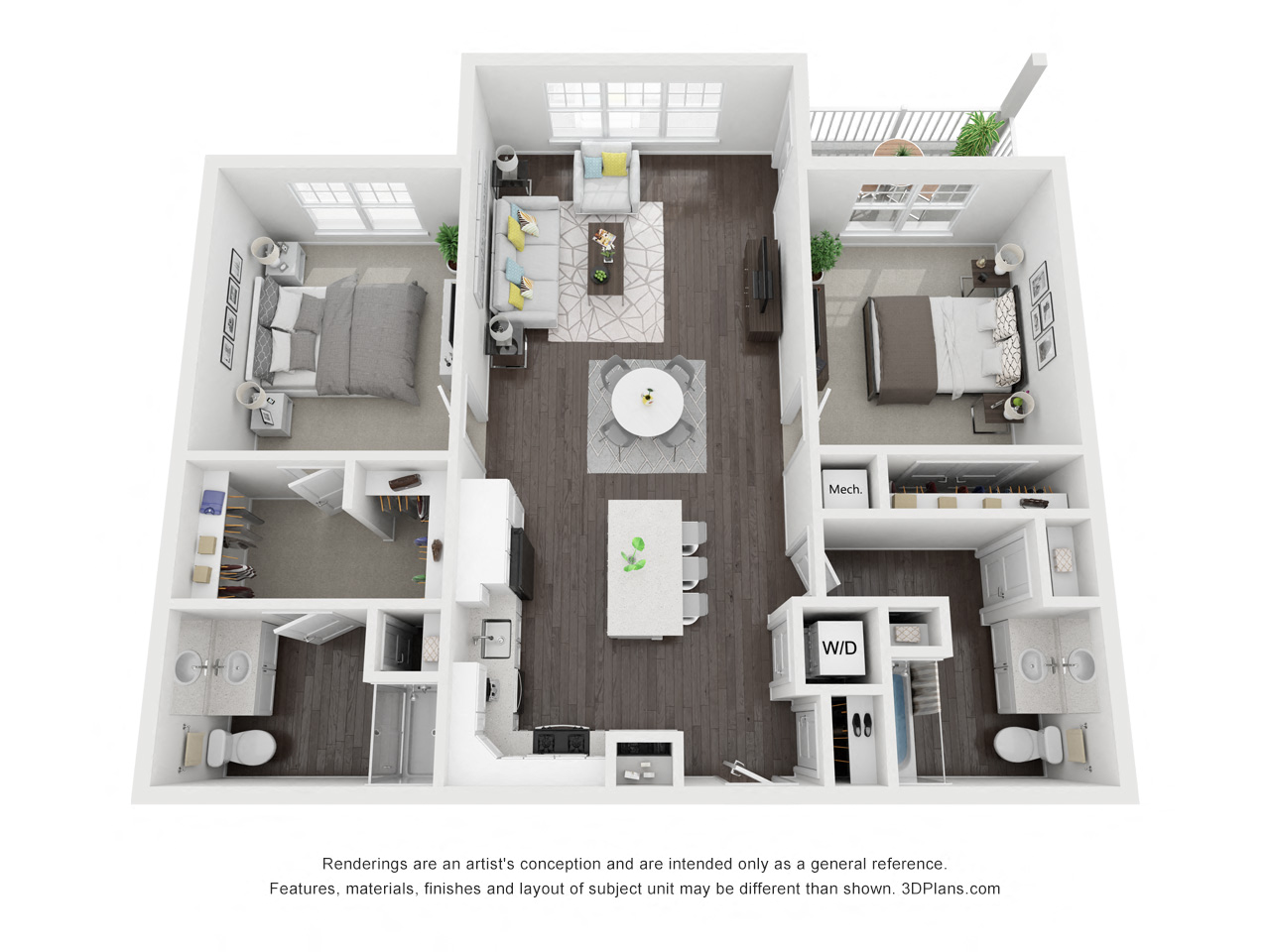 Floor plan for 2 beds, 2 baths, 1100 sqft